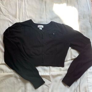 Black Button-Up Sweater with Mesh Flower Design